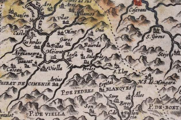 Fragment d'un mapa de Catalunya (1608). Quadrant nord occidental. Aran. Font Cartoteca de Catalunya